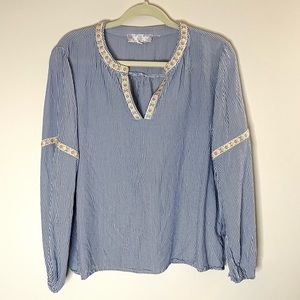 Pink Rose Stripe Long Sleeve Blouse Embroidery